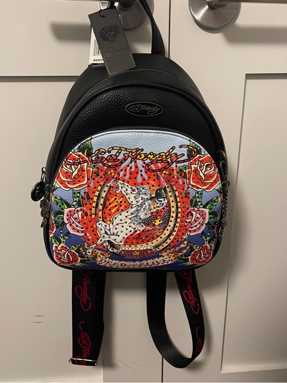 Ed Hardy Black Mini Backpack with Multicolor Floral and Horse Graphic